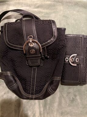 Vintage Coach Black Jacquard Backpack and Wallet Set with Silver Buckle